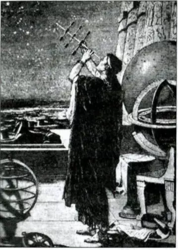 Древний астроном наблюдает расположение небесных светил с помощью угломерных палочек